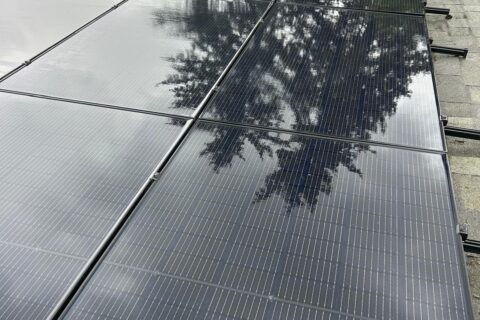 Clean residential solar panel array on rooftop after professional cleaning service - sparkling panels reflecting trees - Dou-Glass Solar Panel Cleaning
