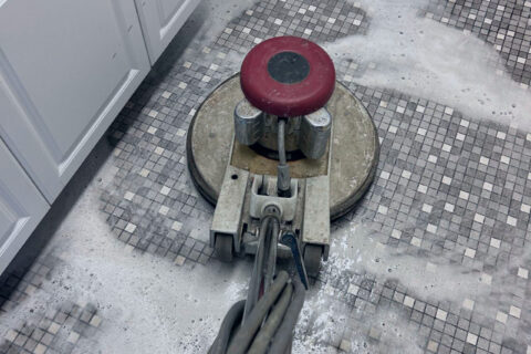 Professional floor waxing and polishing machine cleaning mosaic tile floor in Keizer, Oregon – restore shine and protection with Dou-Glass interior services
